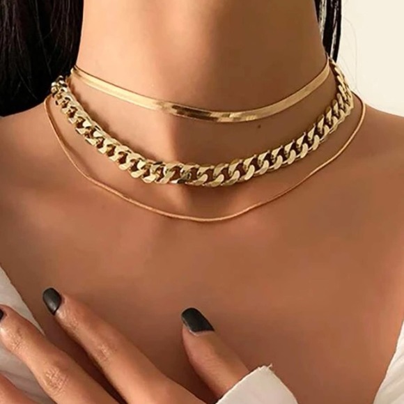 Gold 18K GP Statement 3 Piece Minimalist Necklace Set - Picture 1 of 4